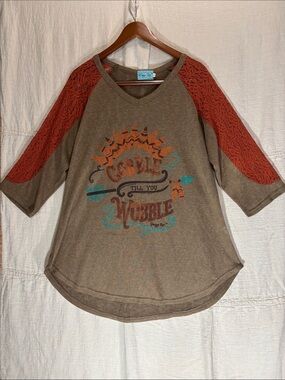 Daisy Rae Gobble Till You Wobble Thanksgiving Raglan Top Orange Lace Sleeve 2XL